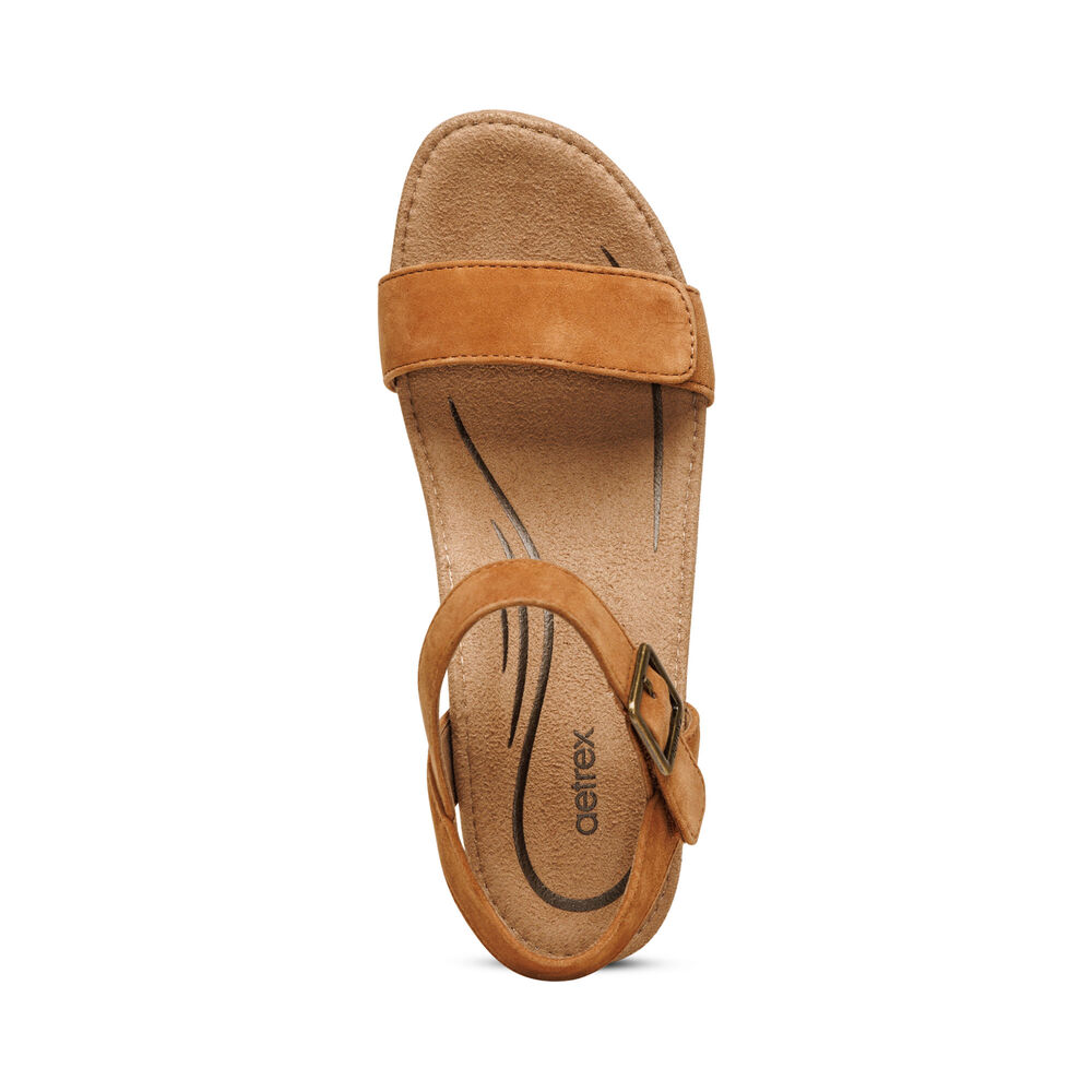 Aetrex Women's Sydney Quarter Strap Espadrille Wedge Sandals - Cognac | USA EU2RMG6